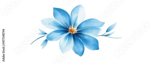 A single blue watercolor flower with delicate petals and leaves on a white background.