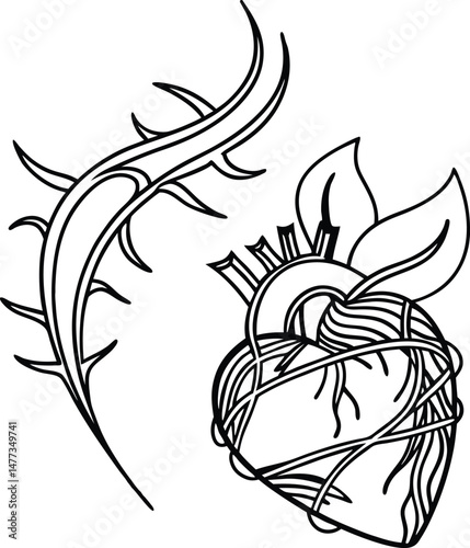 Anatomical heart and thorn branch outline illustration in bold black line art style