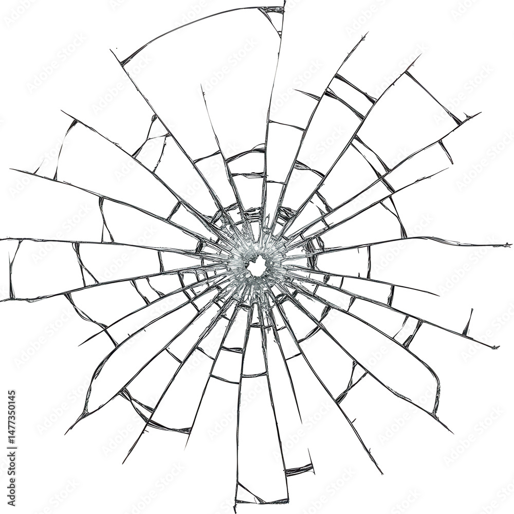 Fototapeta premium Shattered effect on a transparent surface with multiple linear fractures radiating from center