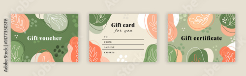 Floral gift cards design set. Certificates with leaf pattern. Abstract style organic shapes backgrounds. Aesthetic botanical green vouchers. EPS 10 vector illustration.