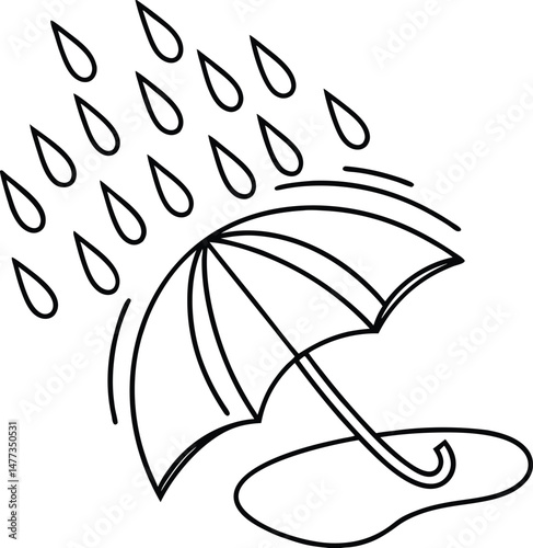 Black and white illustration of an umbrella protecting from falling raindrops in a puddle