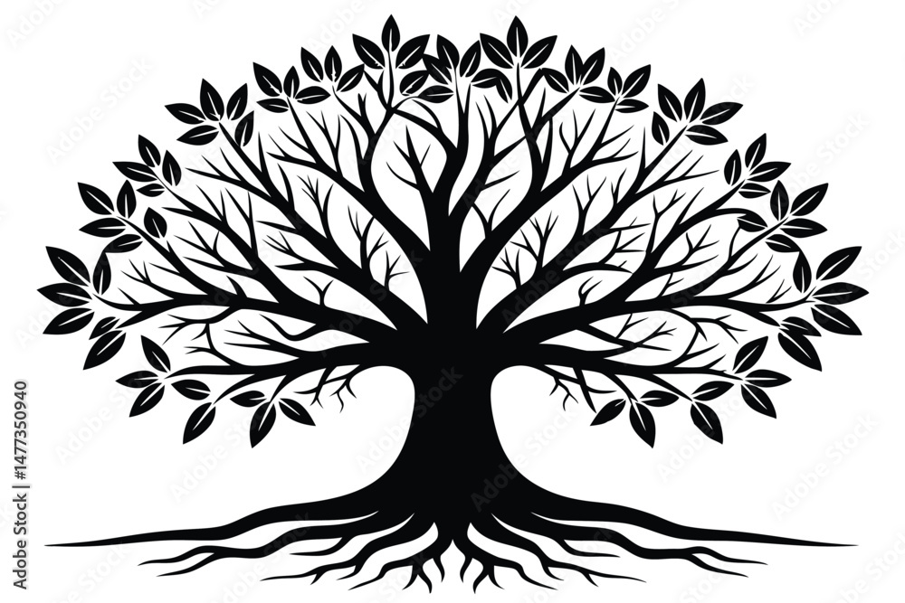 Fototapeta premium Black Silhouette Tree with Leaves and Roots Stylized Nature Illustration Design