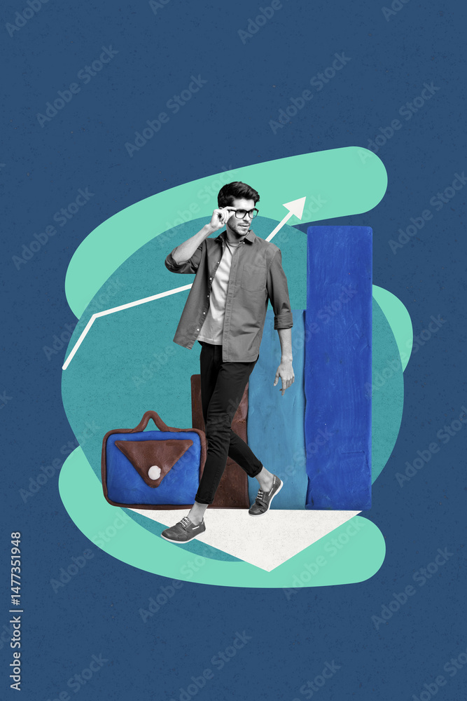 Fototapeta premium Picture collage of person stand on blue color background with plasticine charts bag