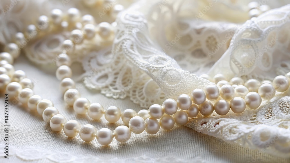 Obraz premium Delicate pearl necklace draped over a soft white lace fabric background, with intricate details and subtle sheen , vintage charm, elegant style
