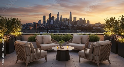 A luxurious rooftop terrace with a stunning city skyline backdrop at sunset, offering a modern outdoor living space. The setting evokes tranquility and sophistication