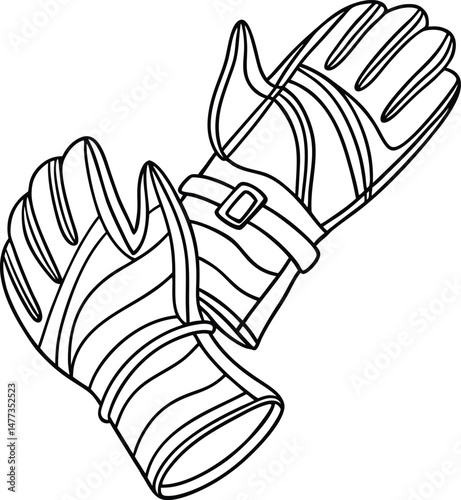 Black and white outline illustration of protective work gloves with adjustable wrist straps
