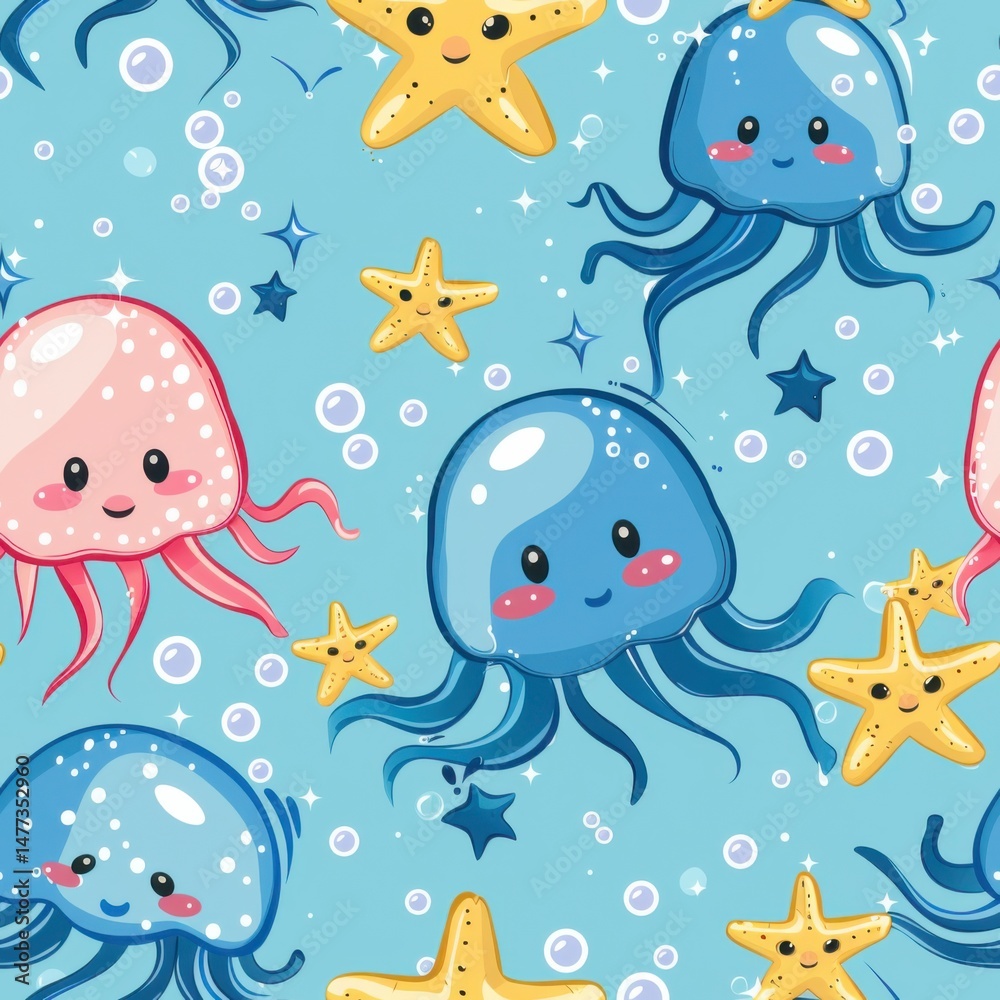 Obraz premium seamless pattern of happy cartoon sea creatures in bright tropical colors, underwater bubbles, and coral reefs