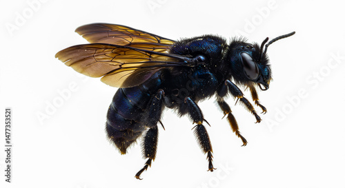 Macro shot of a vivid blue carpenter bee insect isolated against a clean white background