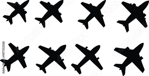 Vector Icons  Set of black airplane silhouettes in various flight angles, ideal for aviation design, travel icons, vector graphics, and aircraft-themed illustrations.