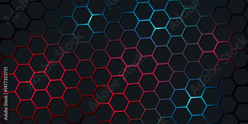 Dark red and blue hexagon abstract technology background with red and blue colored bright flashes under hexagon. Hexagonal gaming vector abstract tech background.
