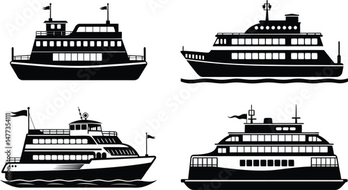  Collection of black and white ferry silhouettes.