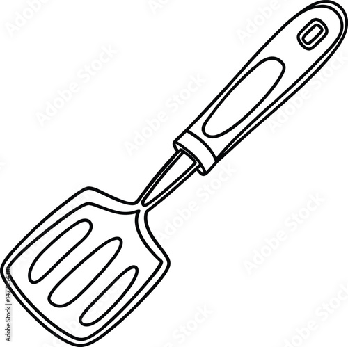 Black and white illustration of a kitchen spatula cooking utensil for cooking or baking.