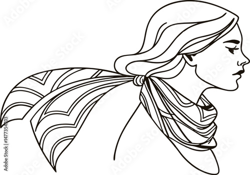 Elegant black and white line art illustration of a woman in profile with a silk scarf