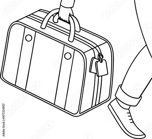 Traveling person with suitcase departure concept illustration in black and white outline