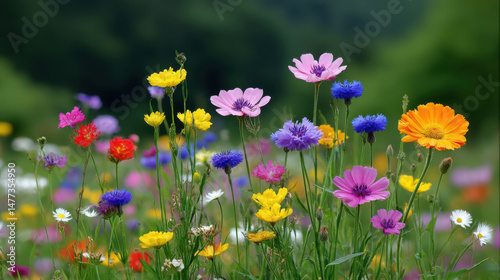Fototapeta Naklejka Na Ścianę i Meble -  A vibrant meadow bursts with color as various wildflowers bloom in a lush green field, creating a stunning display of nature's beauty on a bright day at sptime.
