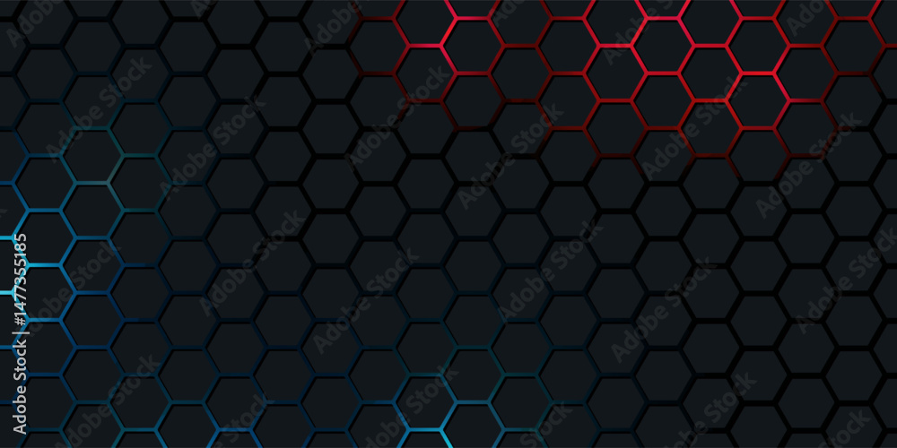 Dark red and blue hexagon abstract technology background with red and blue colored bright flashes under hexagon. Hexagonal gaming vector abstract tech background.