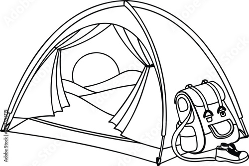 Camping adventure illustration depicting a tent backpack and hiking boots with sunset and mountain scenery