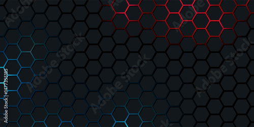 Dark red and blue hexagon abstract technology background with red and blue colored bright flashes under hexagon. Hexagonal gaming vector abstract tech background.