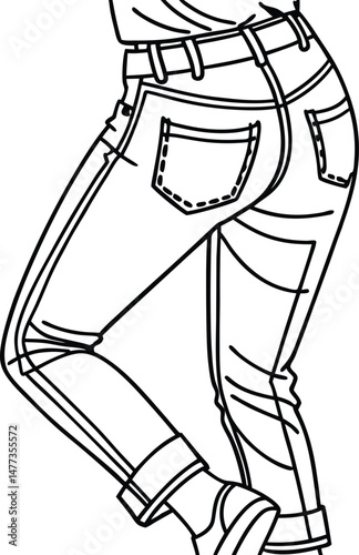Black and white illustration of stylish jeans and denim trousers with detailed stitching and design