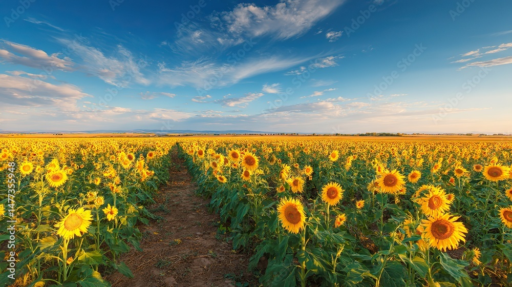 Fototapeta premium Wide field of blooming sunflowers under a blue sky during the golden hour sunlight, forming an endless rows of flowers that create a bright and joyful summer countryside landscape