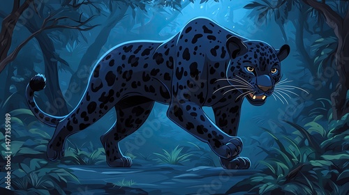 Black panther prowling in a dense jungle scene.