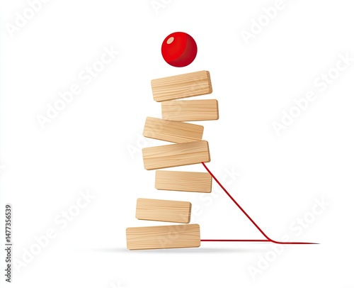 Wooden blocks game; tower about to fall with red ball on top