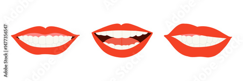 A vector illustration of three different red lips with various smiling expressions. Isolated on white background. Perfect for beauty, fashion, or pop art-themed design projects.