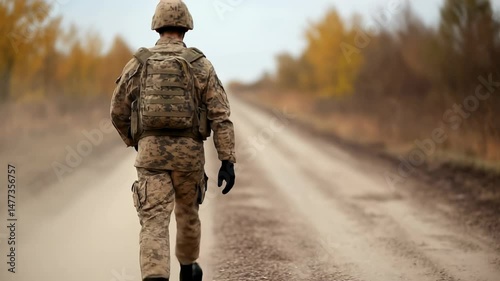 Soldier walking on a dirt road surrounded by autumn trees in a tranquil landscape during a calm day