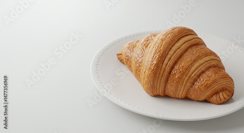 French Croissant on Elegant Plate with Left Copy Space. 8K Desktop Wallpaper. Generative AI