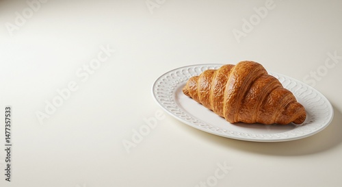 French Croissant on Elegant Plate with Left Copy Space. 8K Desktop Wallpaper. Generative AI