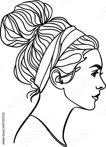 Elegant line drawing of a woman with a bun and headband in profile view