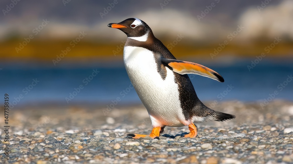 Naklejka premium A Gentoo penguin walks on a rocky shore with blue water and blurred landscape in the background.