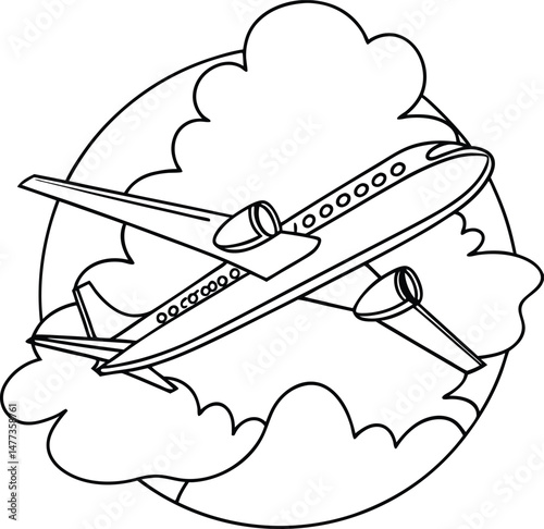 Black and white outline illustration of an airplane flying through the clouds