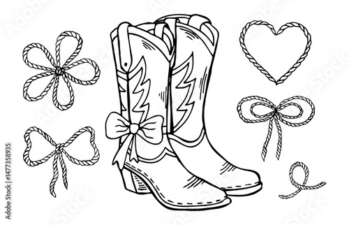 Cowgirl line art illustration featuring stylish boots, decorative bows, and playful doodles inspired by western themes and roping elements