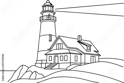 Coastal lighthouse vector illustration featuring a classic lighthouse with attached house and rocks