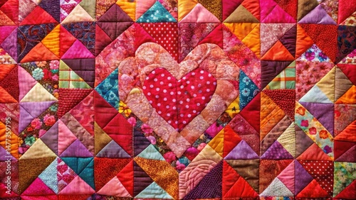 Vibrant Heart-Shaped Quilt with Multicolored Patchwork in Shades of Red and Pink