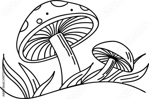 Simple vector illustration of two mushrooms growing amongst tall blades of green grass