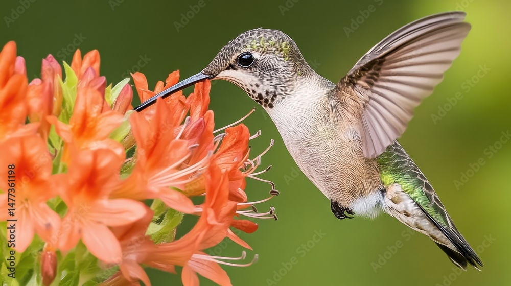 Naklejka premium Hummingbird Hovering Near Vibrant Orange Flower With Green Background