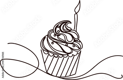Line drawing cupcake with a burning candle representing celebration and dessert concept