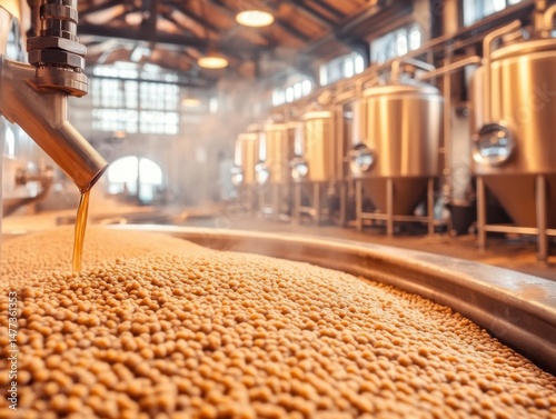 Close up of beer brewing process with malted barley and mash tun in brewery industrial setting