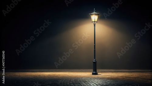Solitary lamppost illuminating a cobblestone street at night, casting a warm glow against a dark backdrop