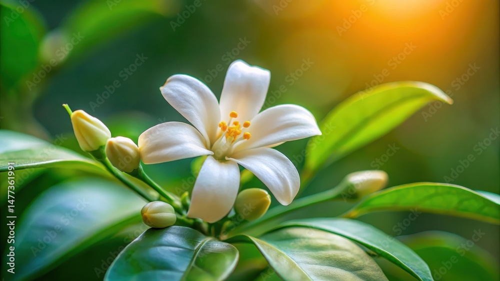 Fototapeta premium Delicate petals of orange jasmine flower unfold in a subtle dance