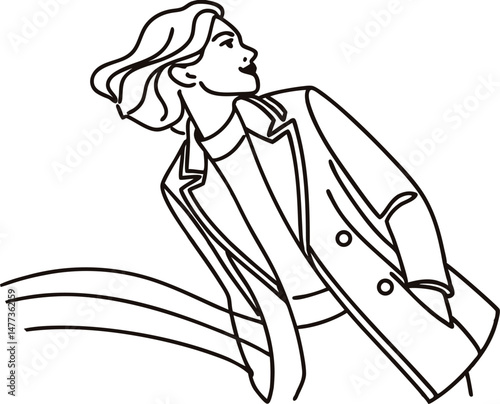 Elegant line art illustration of a woman in a stylish blazer looking upwards