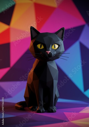 Low-poly Black Cat, Geometric Background