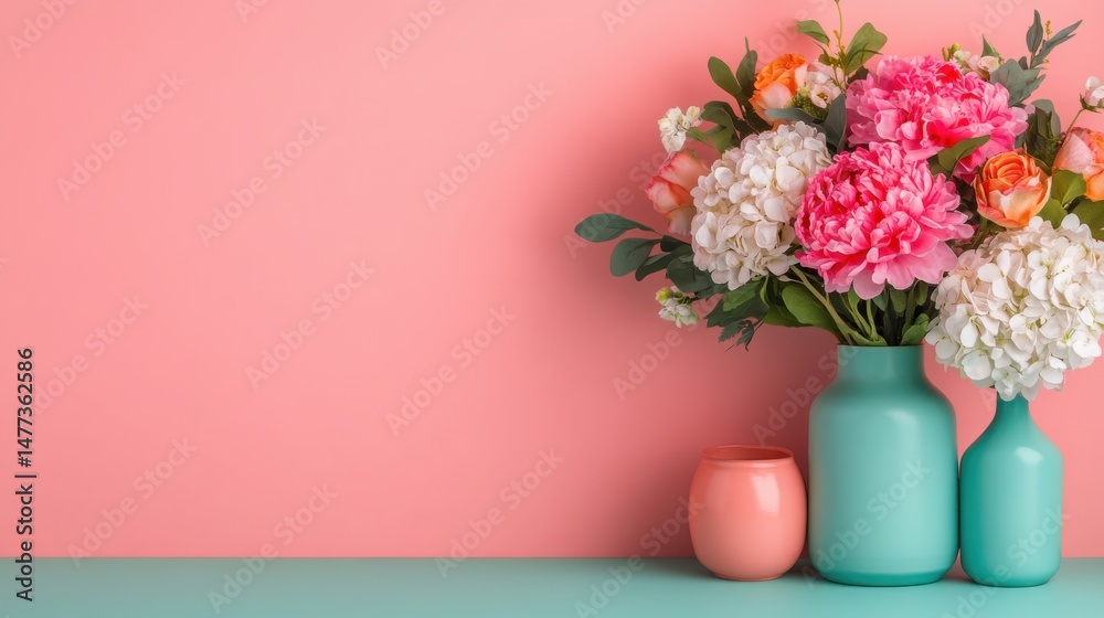 Fototapeta premium Colorful Floral Arrangement in Vases Against a Pink Background