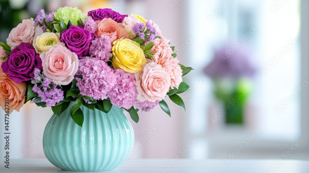 Obraz premium Colorful Floral Arrangement in Pastel Vase with Soft Background