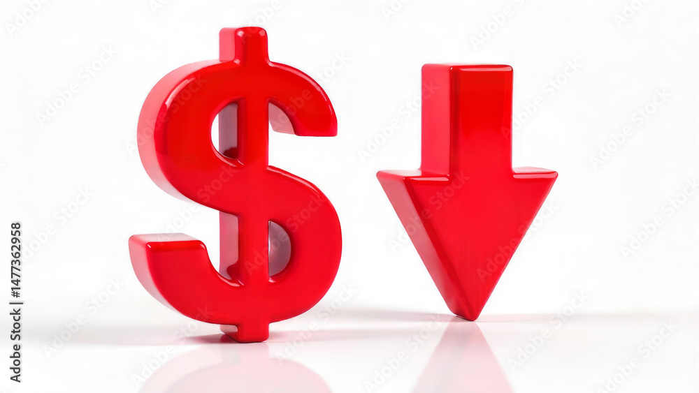 Fototapeta premium Red sparkling 3D dollar with down arrow on white mirrored background. Financial crisis, exchange rate, world economy