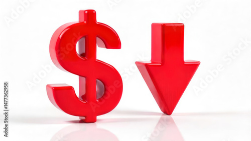 Red sparkling 3D dollar with down arrow on white mirrored background. Financial crisis, exchange rate, world economy