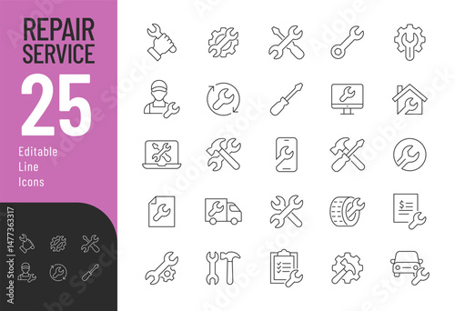 Repair Service Line Editable Icons set. Vector illustration in modern thin line style of restoration related icons: repairman, tools, documentation, and more. Isolated on white background.
