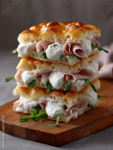 Stacked Focaccia Sandwiches with Prosciutto, Burrata, and Arugula
